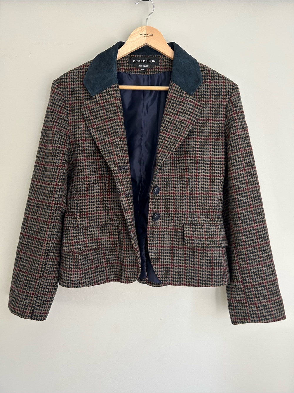 Vintage Wool Suede Houndstooth Plaid Boxy Relaxed Blazer Jacket